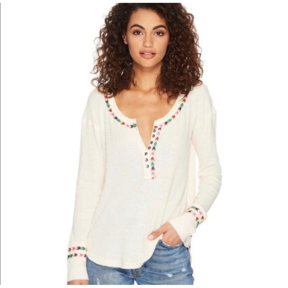 We The‎ Free Free People Ivory Rainbow Embroidered Waffle Knit Henley Top Large